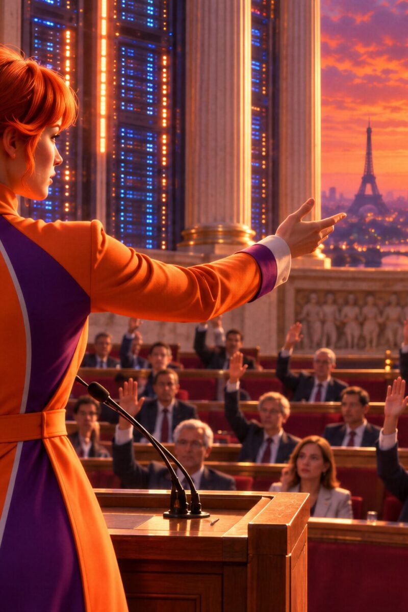 Céleste intervient à la tribune d'un parlement futuriste devant une assemblée votant à main levée.