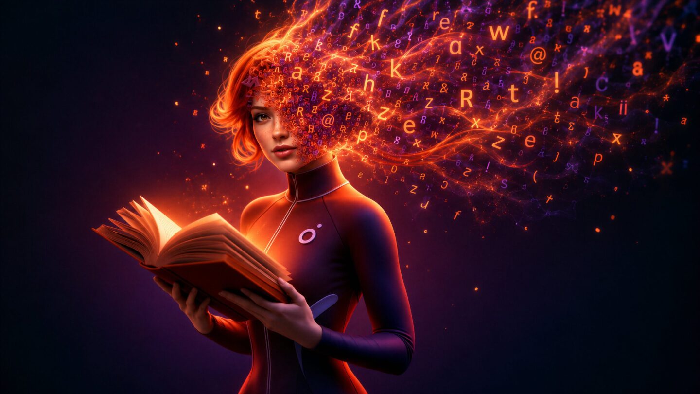 Céleste tenant un livre ouvert et lumineux d'où s'échappent des lettres incandescentes composant sa chevelure.