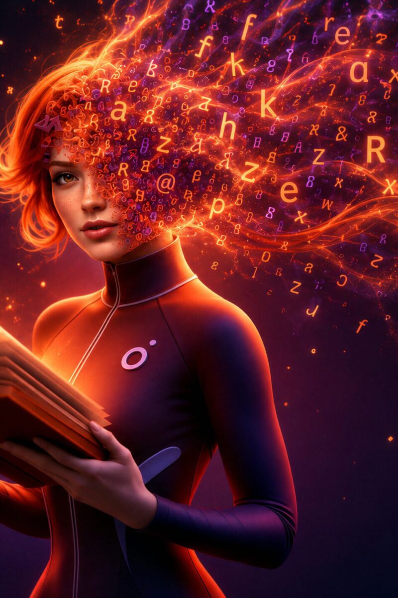 Céleste tenant un livre ouvert et lumineux d'où s'échappent des lettres incandescentes composant sa chevelure.