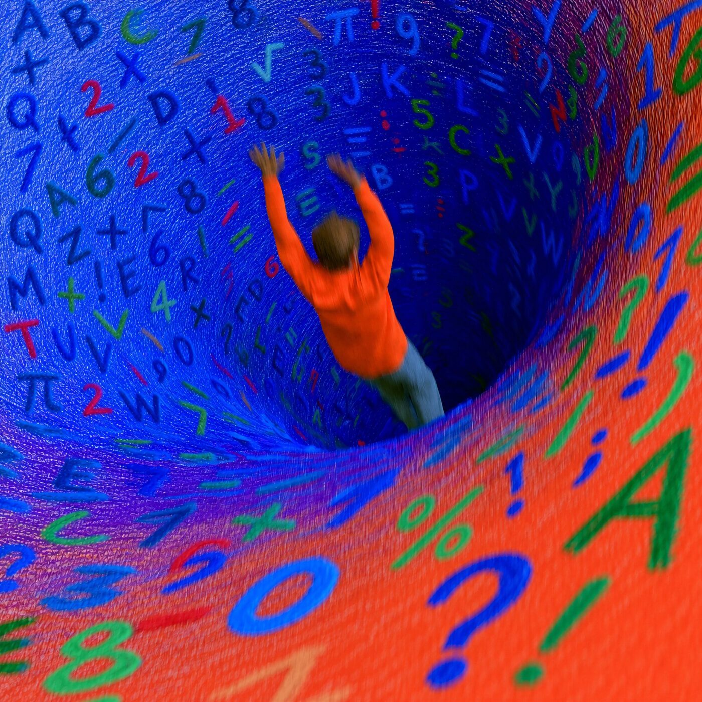 Personnage aspiré dans un tourbillon coloré composé de lettres, de chiffres et de symboles mathématiques.