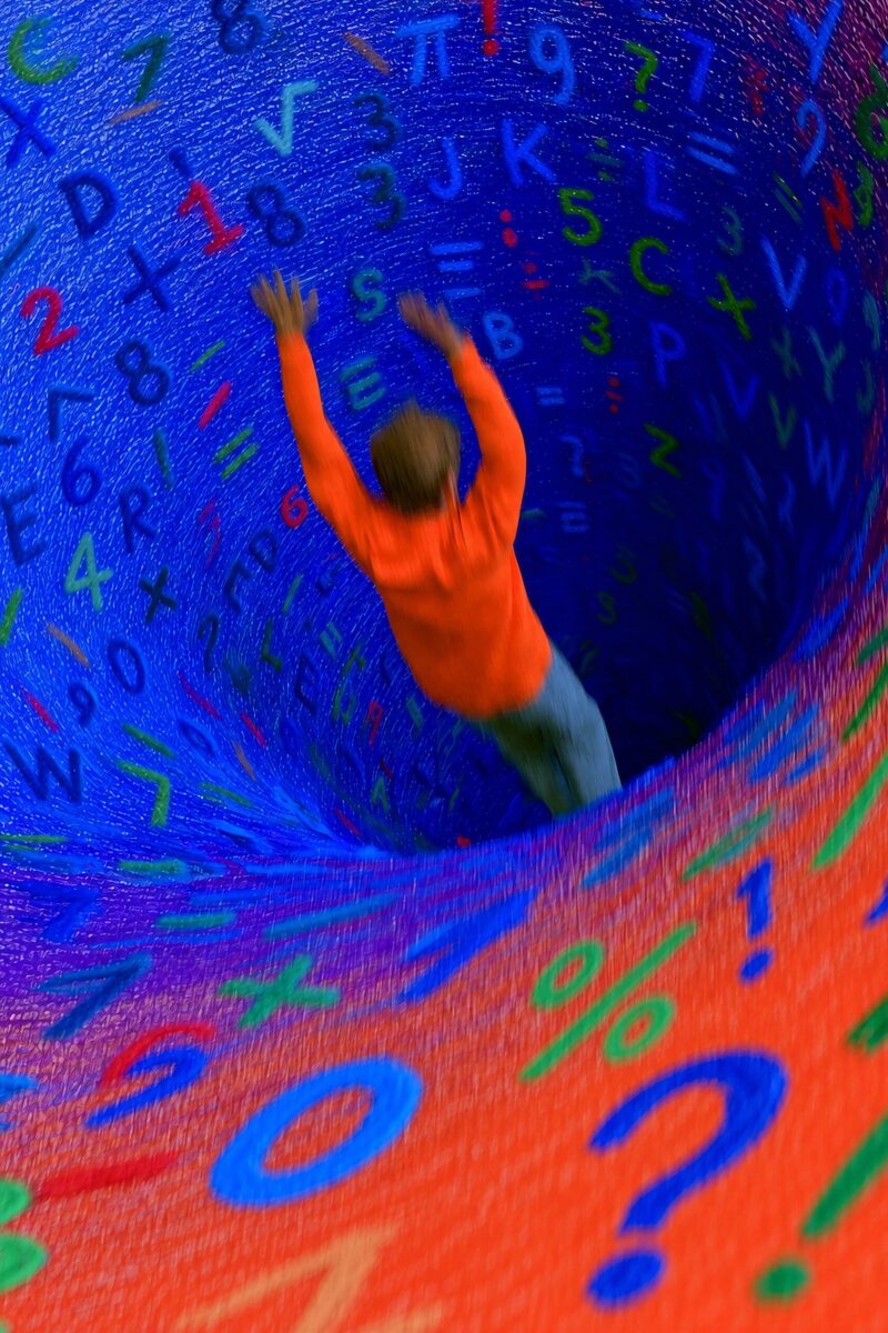 Personnage aspiré dans un tourbillon coloré composé de lettres, de chiffres et de symboles mathématiques.