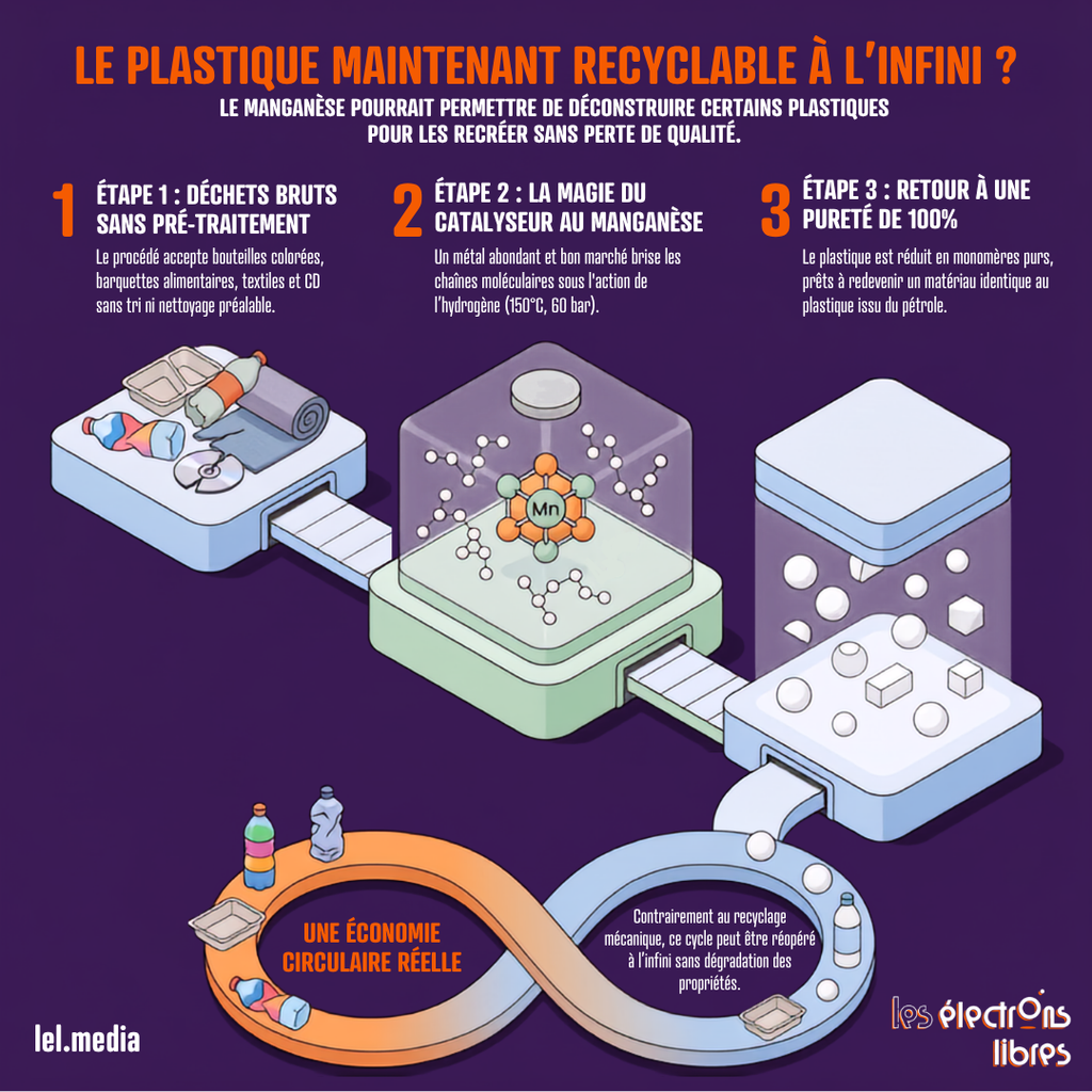 Infographie illustrant le procédé de recyclage infini des plastiques à l'aide d'un catalyseur au manganèse.