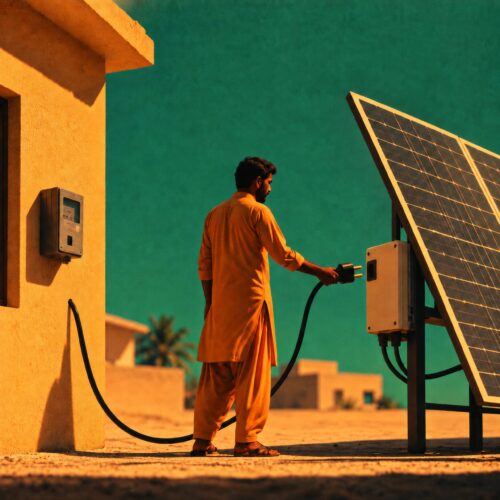 Un homme en tenue traditionnelle jaune branche un câble reliant sa maison à un panneau solaire.