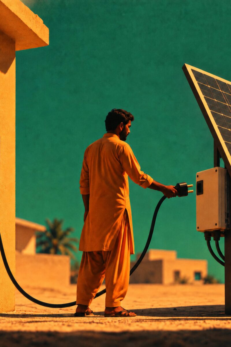 Un homme en tenue traditionnelle jaune branche un câble reliant sa maison à un panneau solaire.