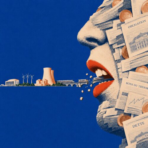 Illustration surréaliste d'un visage fait de titres financiers devorant des infrastructures publiques et ferroviaires.