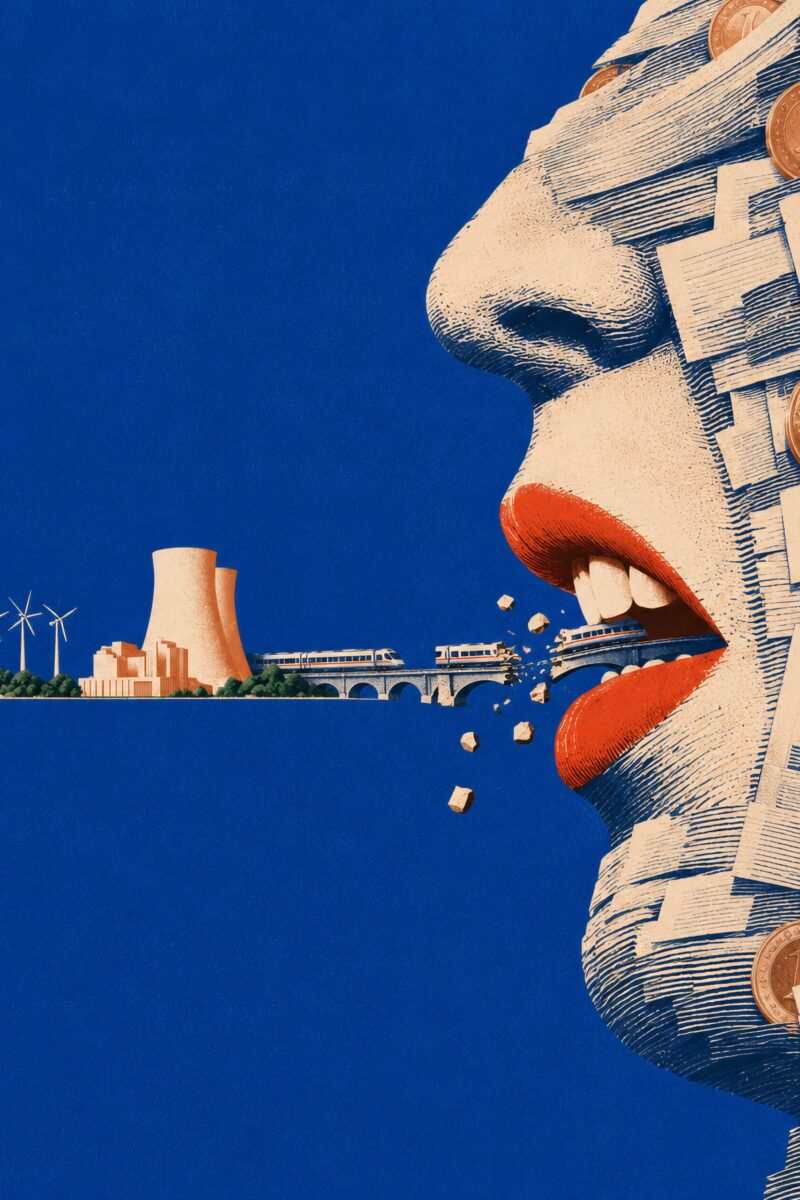 Illustration surréaliste d'un visage fait de titres financiers devorant des infrastructures publiques et ferroviaires.