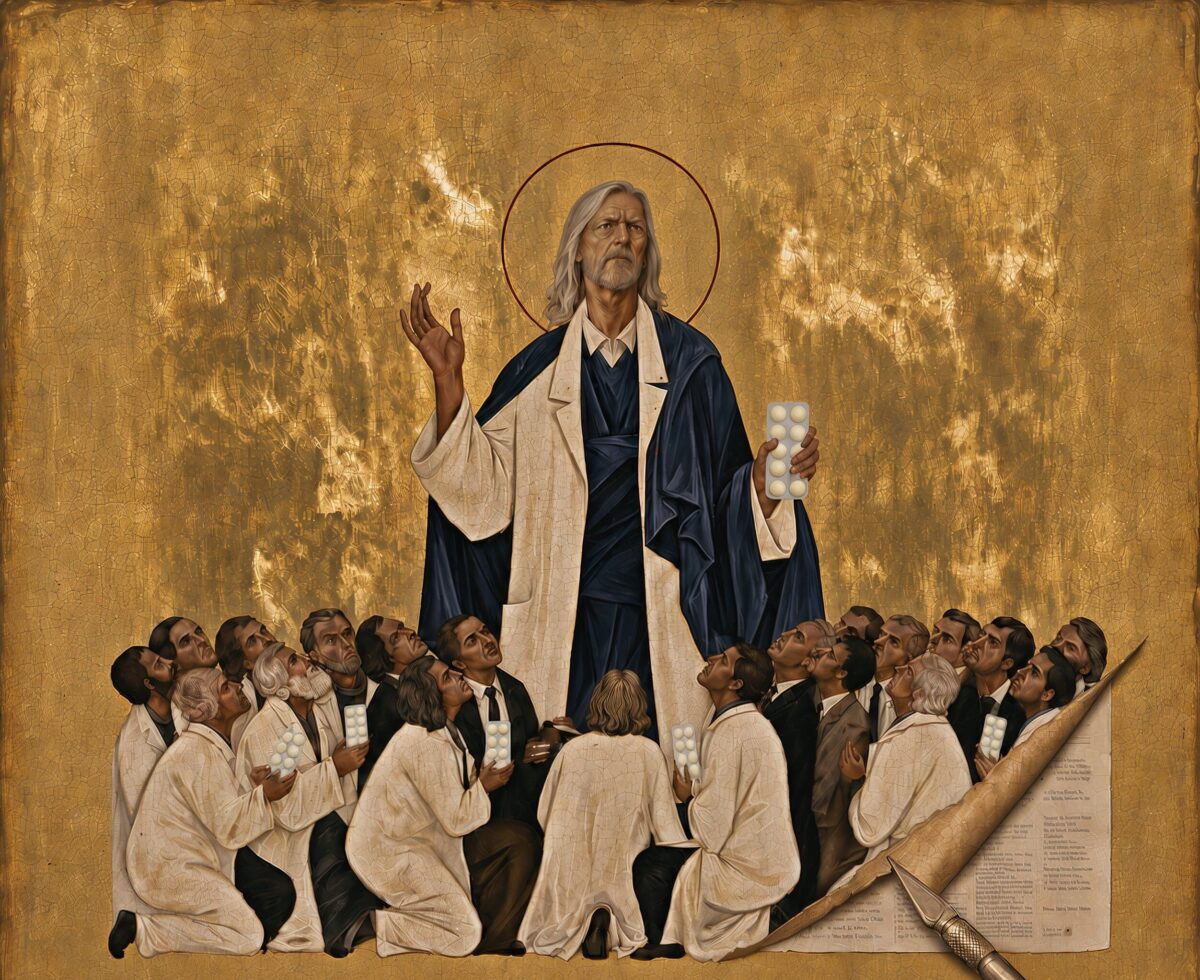 Icône religieuse parodique représentant un homme de science au centre entouré de disciples agenouillés tenant des plaquettes de comprimés.