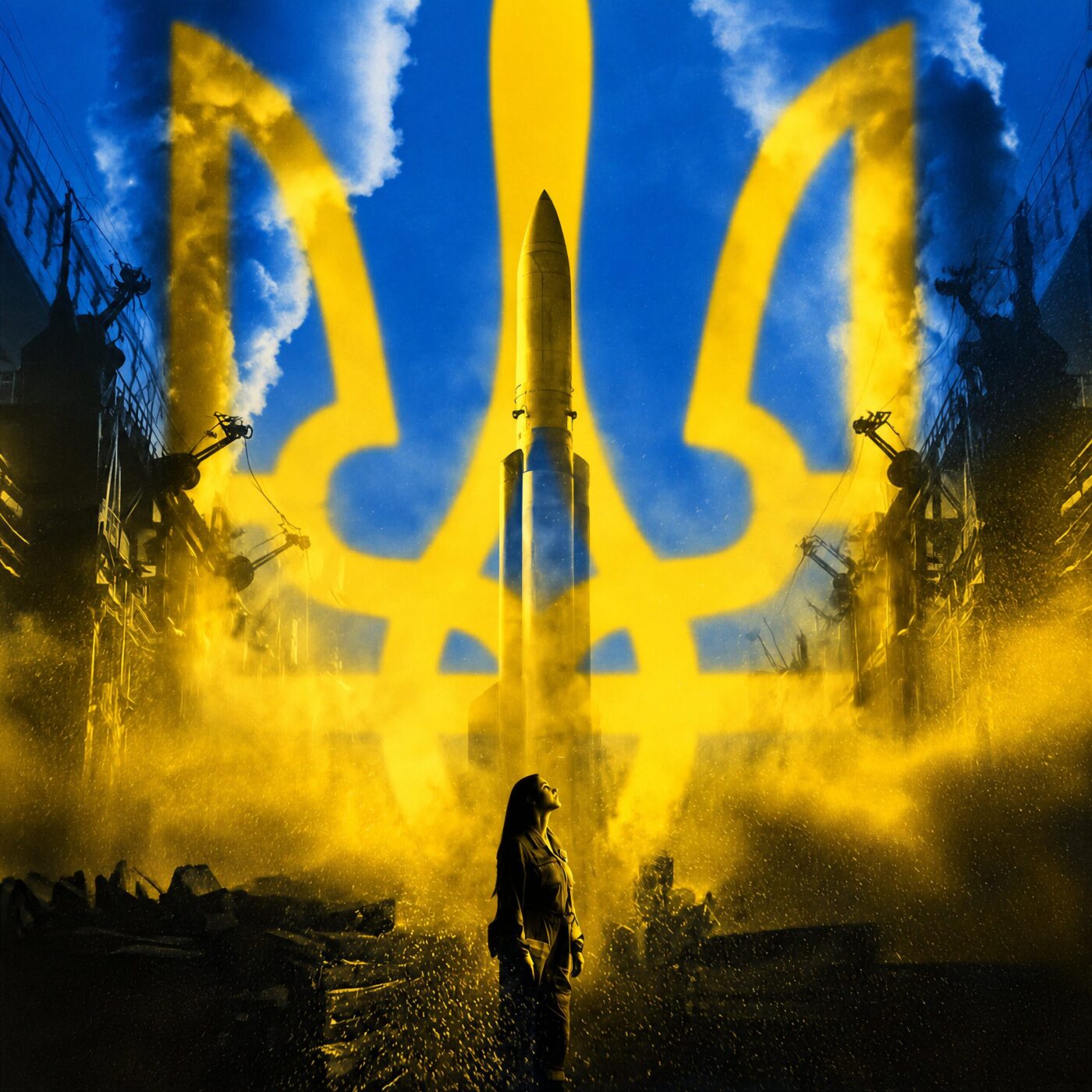 Une femme contemple un missile dressé devant un trident ukrainien géant illuminé sur fond bleu.