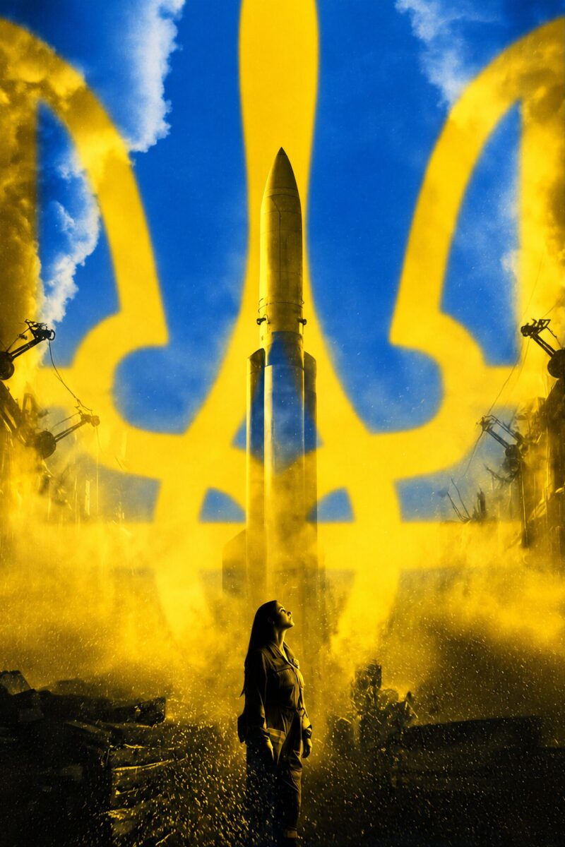 Une femme contemple un missile dressé devant un trident ukrainien géant illuminé sur fond bleu.