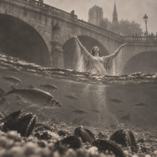 Vue mi-air mi-eau sur la Seine montrant une femme drapée émergeant de l'eau devant un pont parisien, au-dessus de poissons et de coquillages.