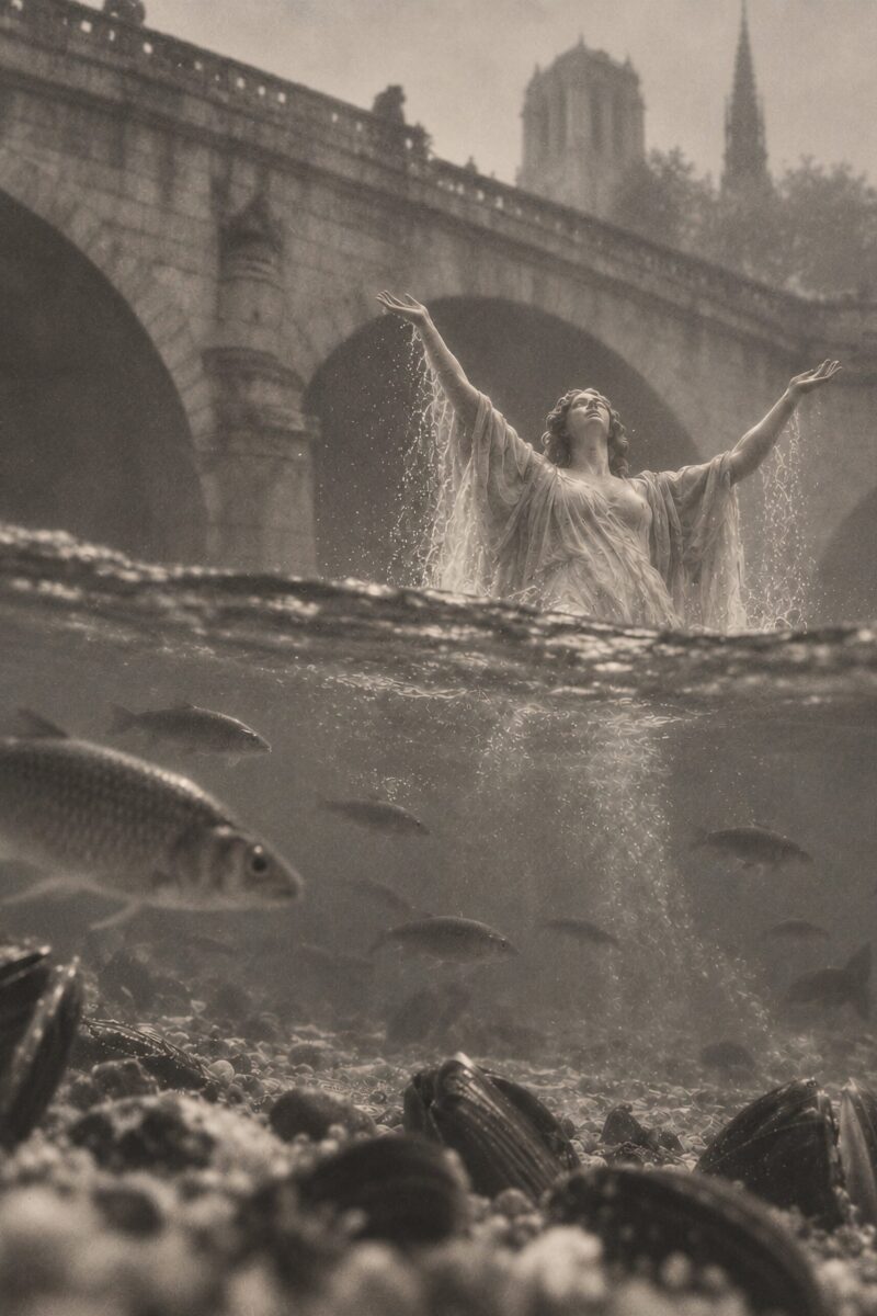 Apparition aquatique dans la Seine parisienne Vue mi-air mi-eau sur la Seine montrant une femme drapée émergeant de l'eau devant un pont parisien, au-dessus de poissons et de coquillages.