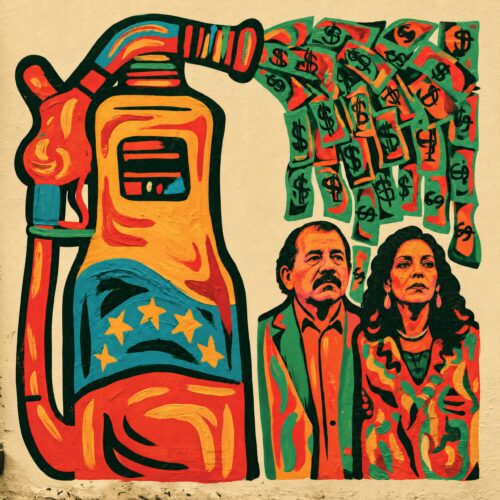 Illustration colorée d'une pompe à essence crachant des dollars au-dessus d'un homme et d'une femme.