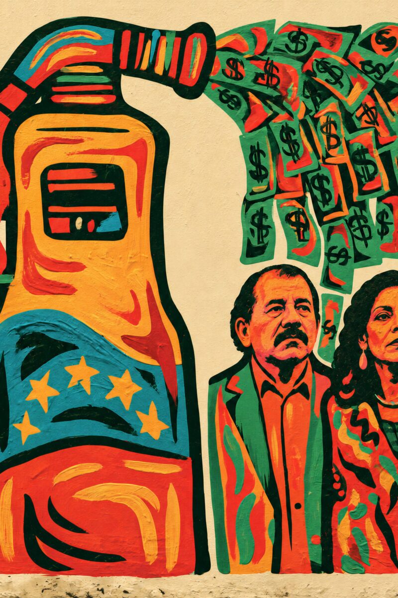 Illustration politique petrodollars et pouvoir Illustration colorée d'une pompe à essence crachant des dollars au-dessus d'un homme et d'une femme.