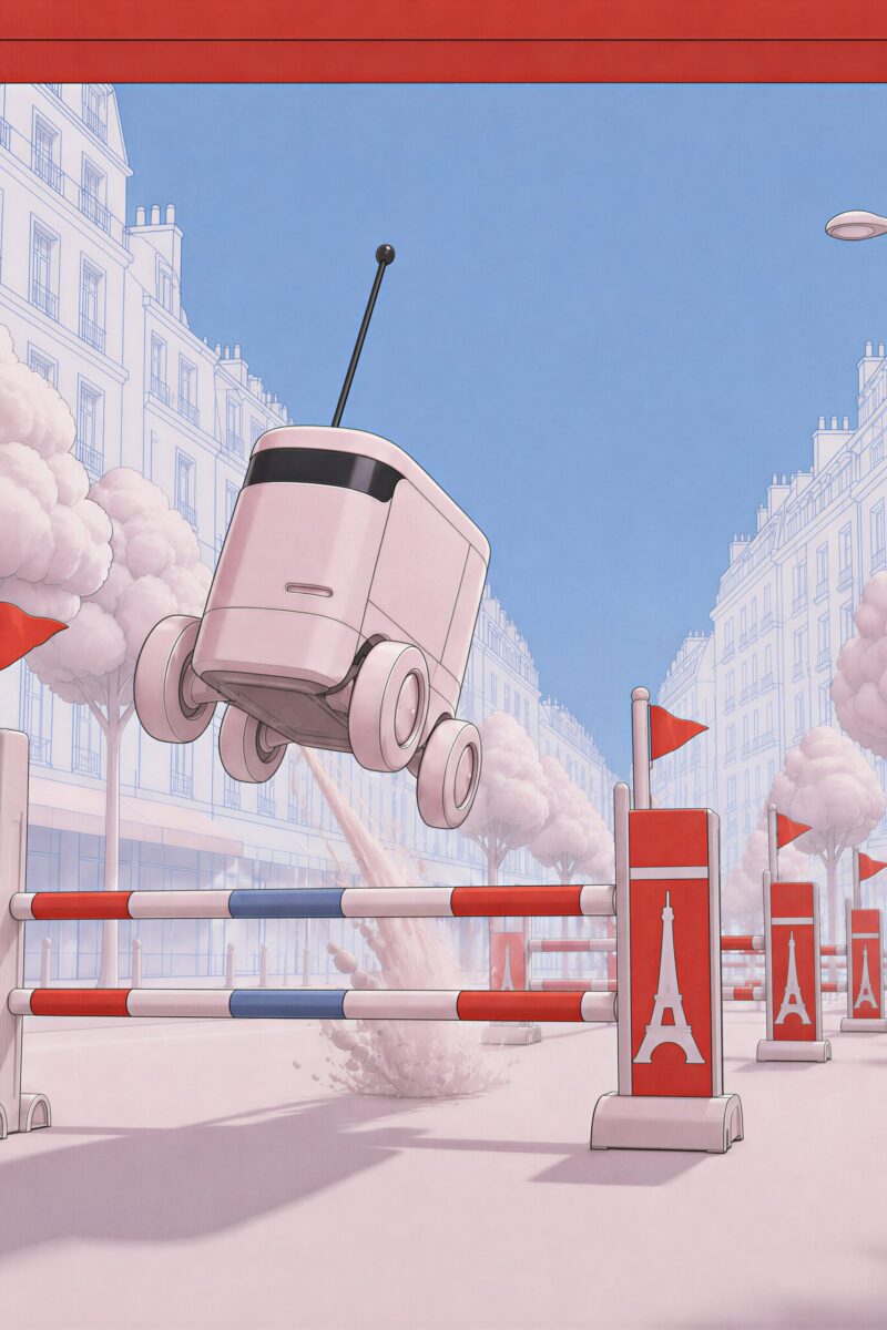 Un robot de livraison autonome saute par-dessus des obstacles d'équitation dans une rue parisienne.