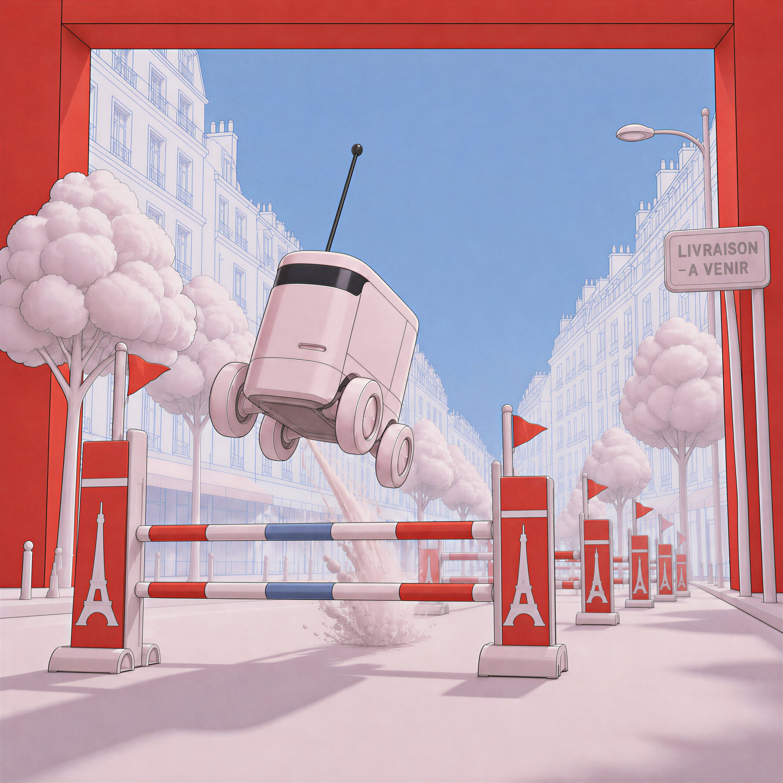 Un robot de livraison autonome saute par-dessus des obstacles d'équitation dans une rue parisienne.