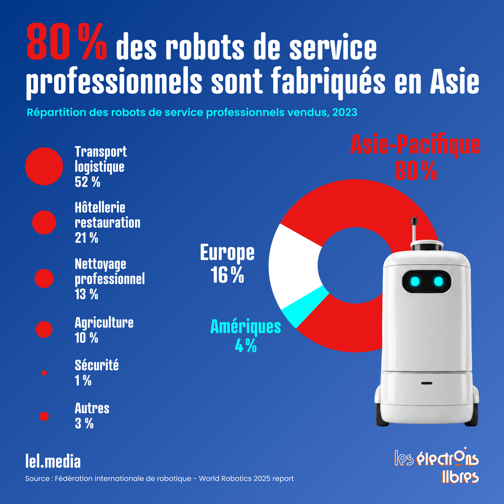 Infographie présentant la répartition géographique et sectorielle de la vente de robots de service professionnels en 2023.