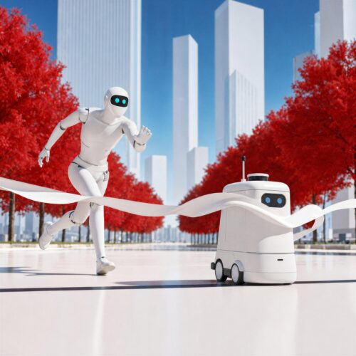 Un robot humanoïde blanc et un robot de livraison franchissant une ligne d'arrivée dans une ville futuriste aux arbres rouges.