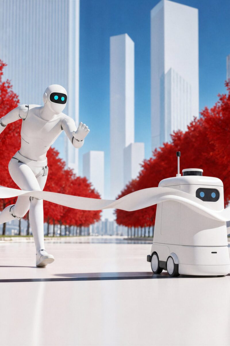 Un robot humanoïde blanc et un robot de livraison franchissant une ligne d'arrivée dans une ville futuriste aux arbres rouges.