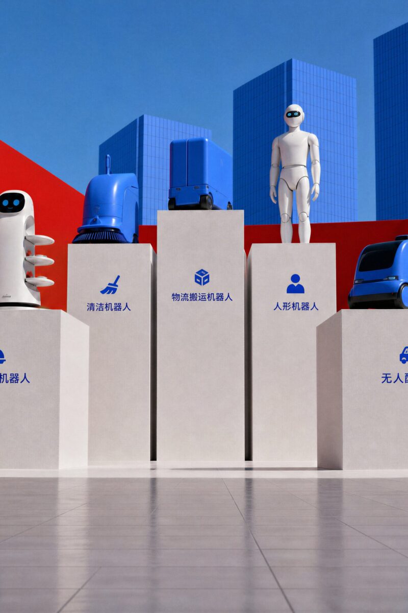 Présentation de cinq robots de service et de livraison disposés sur des piédestaux devant des gratte-ciels bleus.