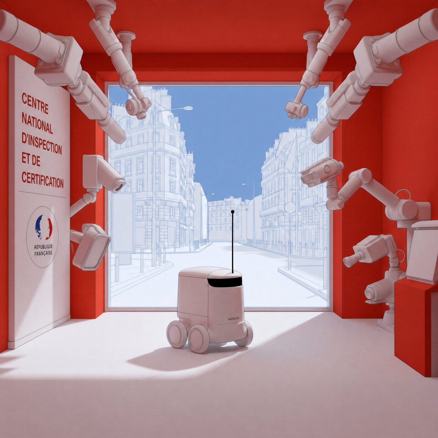 Petit robot autonome de livraison entouré de caméras dans un centre national d'inspection.