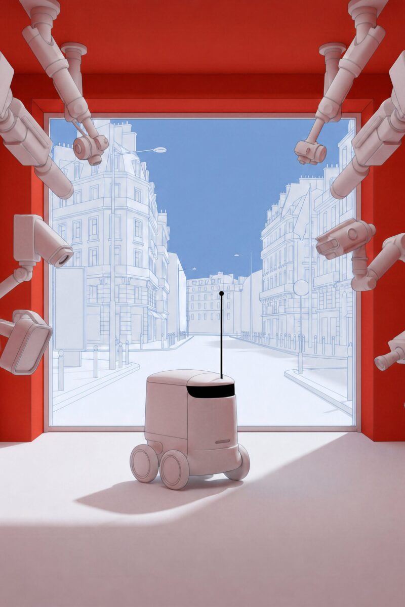 Petit robot autonome de livraison entouré de caméras dans un centre national d'inspection.
