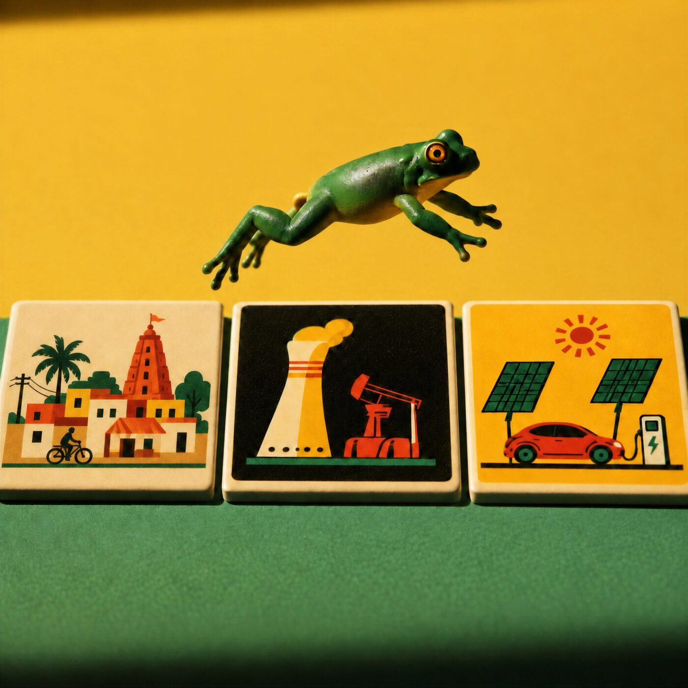 Figurine de grenouille verte sautant au-dessus de trois dalles représentant l'évolution énergétique.