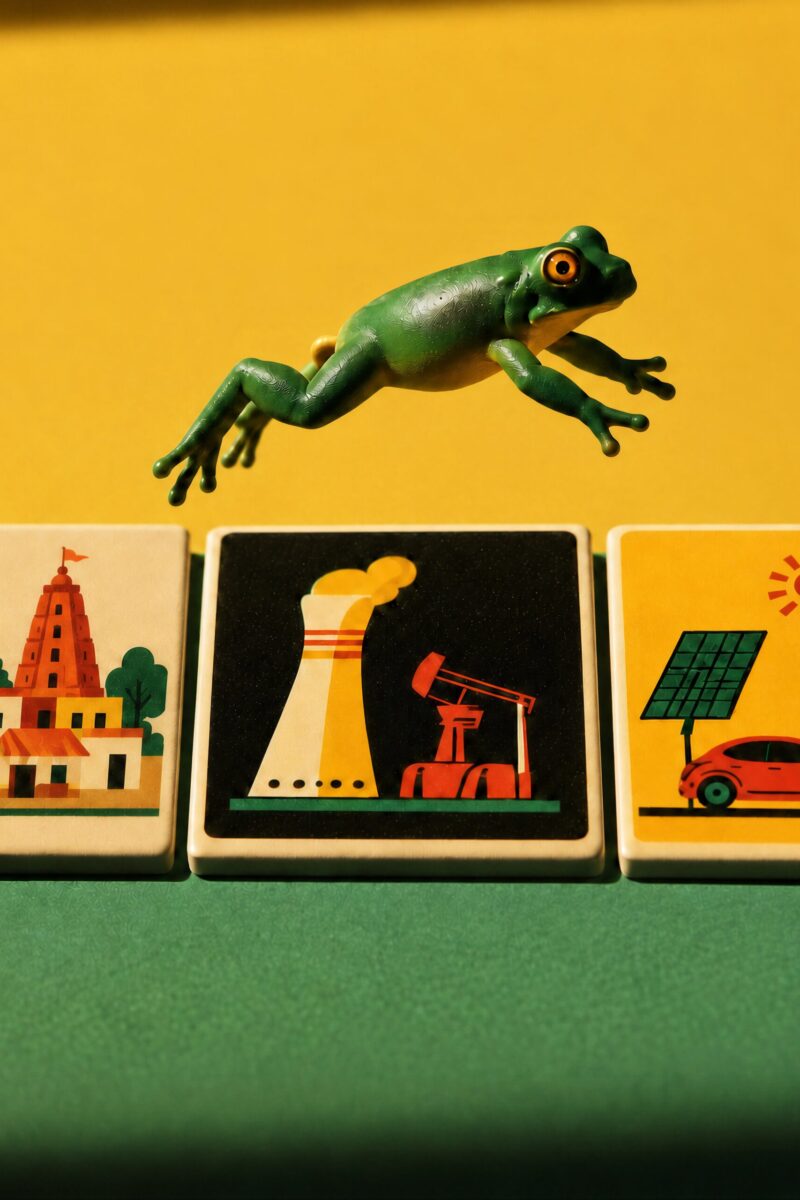 Figurine de grenouille verte sautant au-dessus de trois dalles représentant l'évolution énergétique.