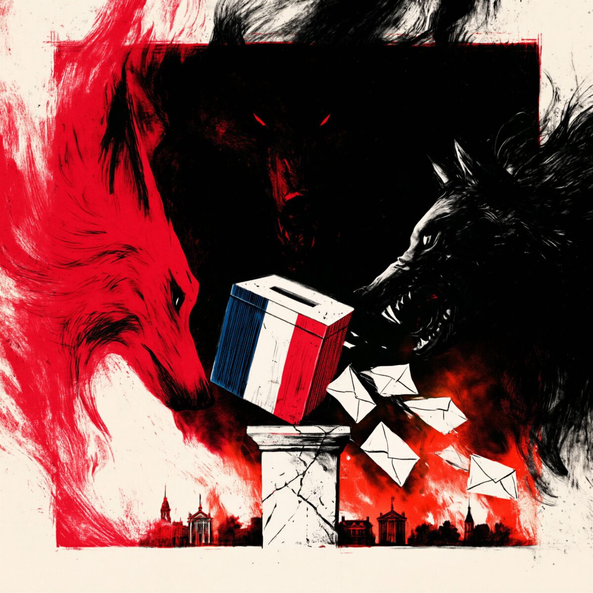 Illustration dramatique d'une urne électorale tricolore entourée de loups menaçants et de bulletins qui s'envolent.