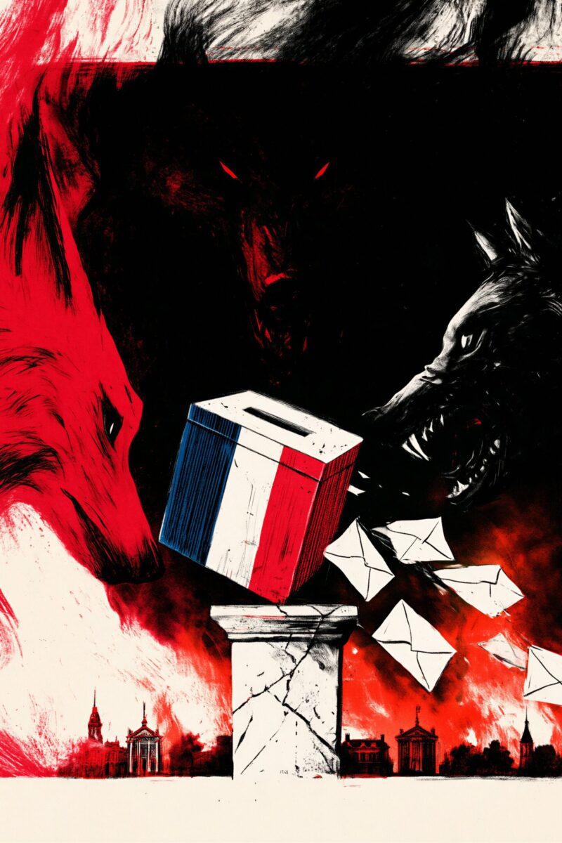 Illustration dramatique d'une urne électorale tricolore entourée de loups menaçants et de bulletins qui s'envolent.