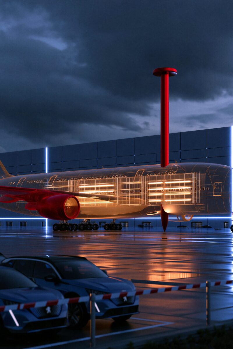 Modélisation transparente d'un avion de ligne en cours de recharge électrique nocturne sur le tarmac d'un aéroport.