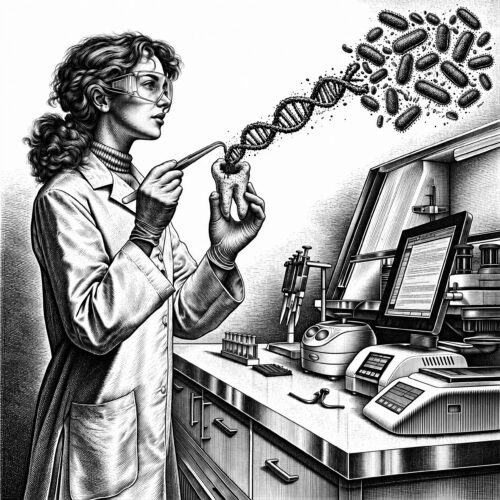 Gravure en noir et blanc d'une scientifique examinant une dent d'où s'échappent un brin d'ADN et des bactéries.