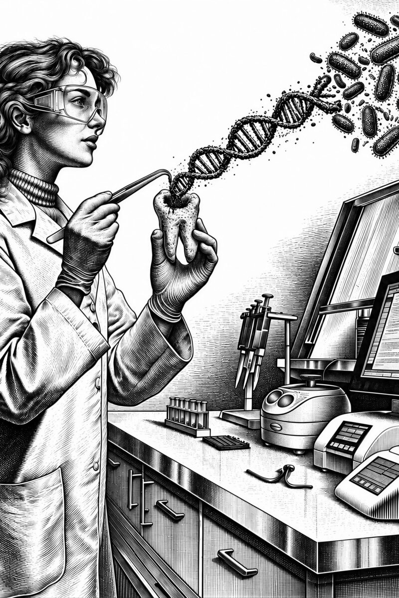 Gravure en noir et blanc d'une scientifique examinant une dent d'où s'échappent un brin d'ADN et des bactéries.