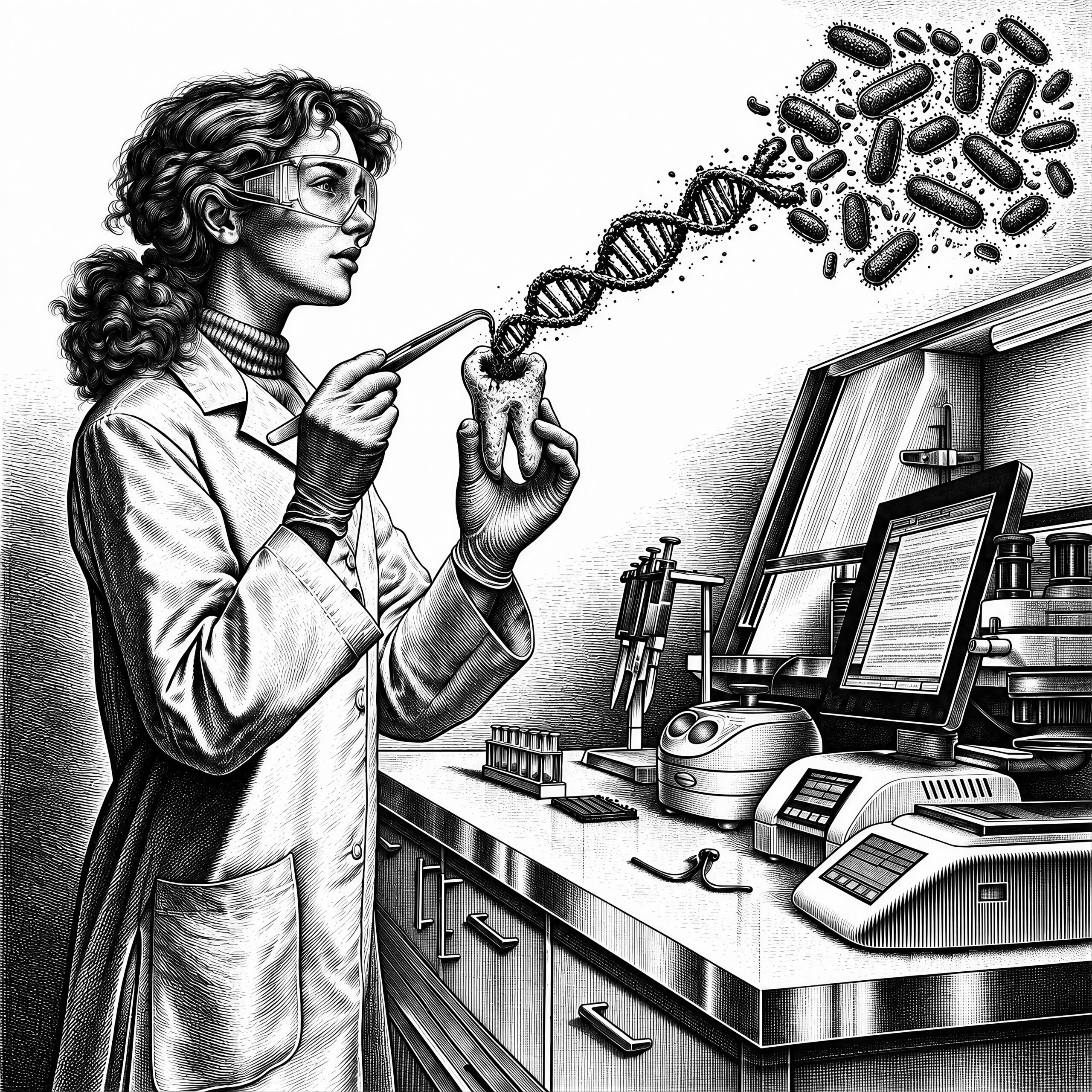 Gravure en noir et blanc d'une scientifique examinant une dent d'où s'échappent un brin d'ADN et des bactéries.