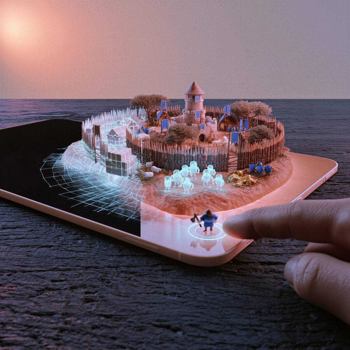 Un village médiéval miniature en trois dimensions émergeant d'une tablette tactile sous le doigt d'un utilisateur.
