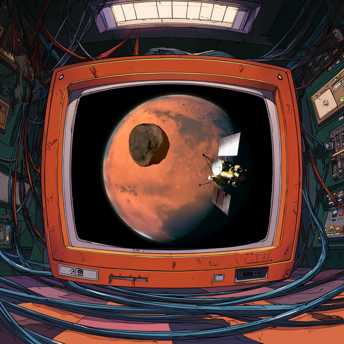 Écran de télévision rétro affichant la planète Mars, une lune et une sonde spatiale dans un intérieur futuriste.