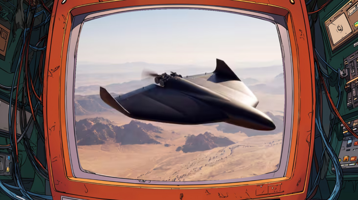 Un drone furtif noir à aile volante survolant un désert montagneux, vu à travers un écran rétro.