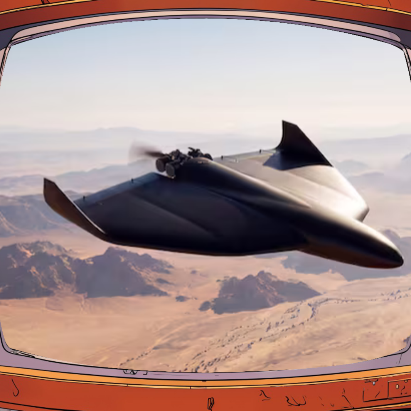 Un drone furtif noir à aile volante survolant un désert montagneux, vu à travers un écran rétro.