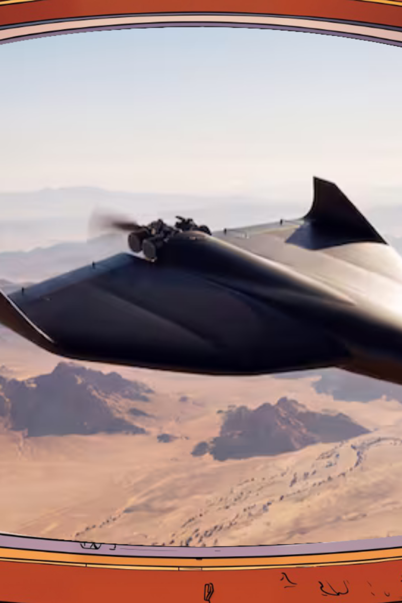 Un drone furtif noir à aile volante survolant un désert montagneux, vu à travers un écran rétro.