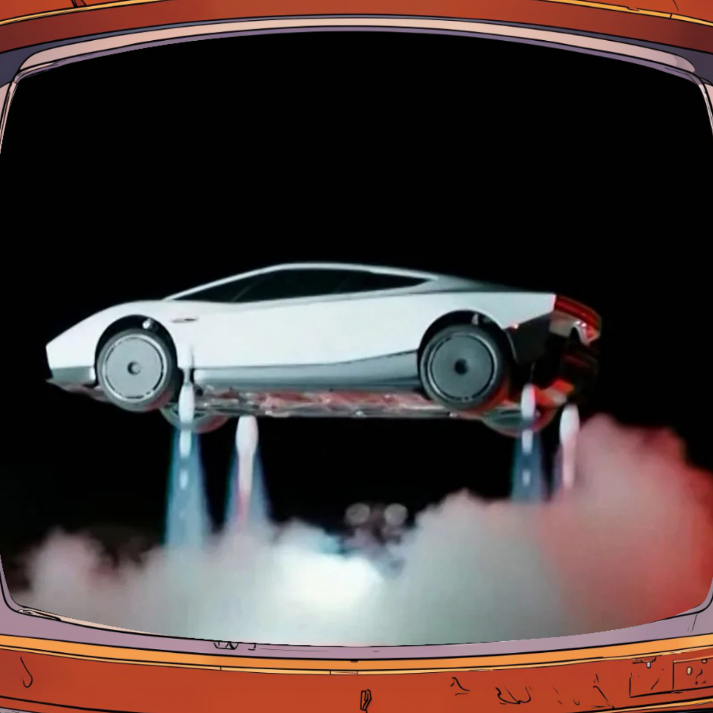 Une voiture de sport blanche futuriste en lévitation affichée sur un écran de télévision rétro.