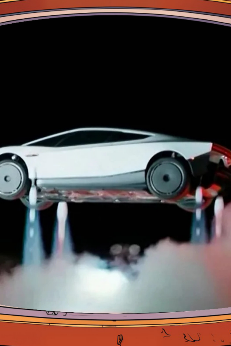 Une voiture de sport blanche futuriste en lévitation affichée sur un écran de télévision rétro.
