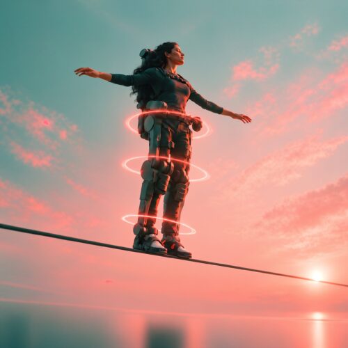 Une femme équipée d'un exosquelette mécanique avance en équilibre sur un câble tendu au crépuscule.