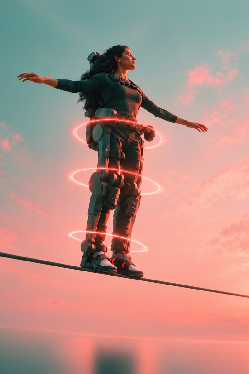Une femme équipée d'un exosquelette mécanique avance en équilibre sur un câble tendu au crépuscule.