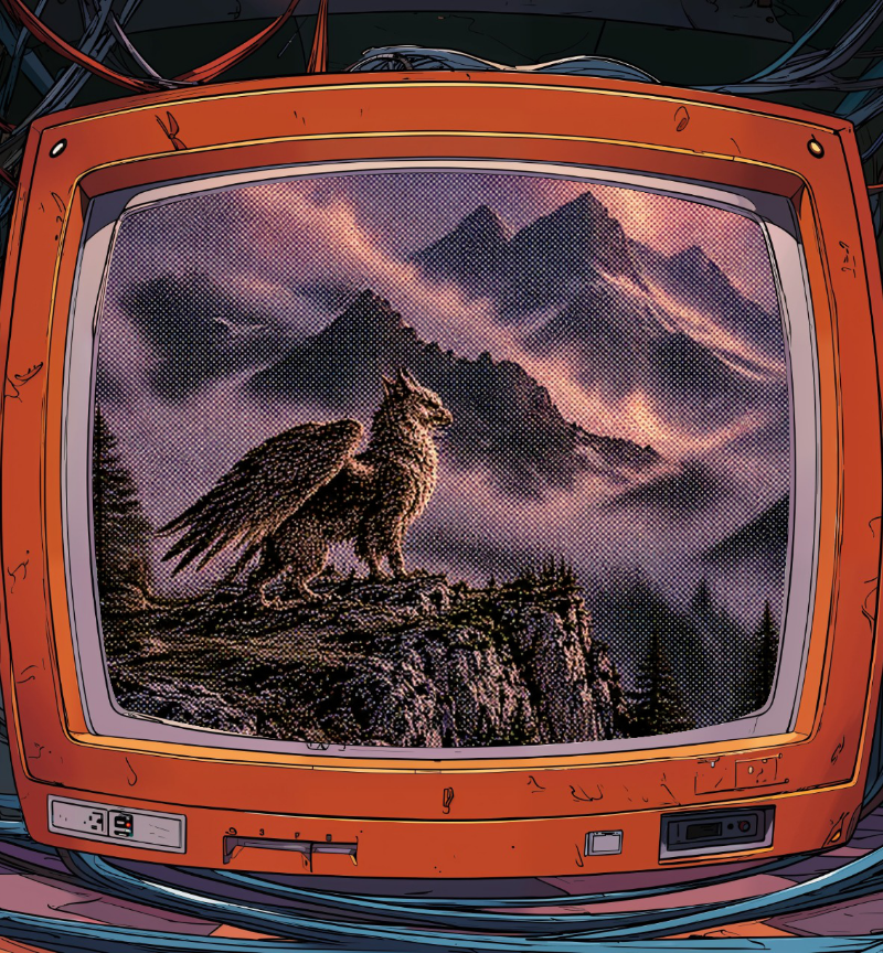 Téléviseur rétro orange entouré de câbles affichant un griffon sur une falaise rocheuse devant des montagnes brumeuses.