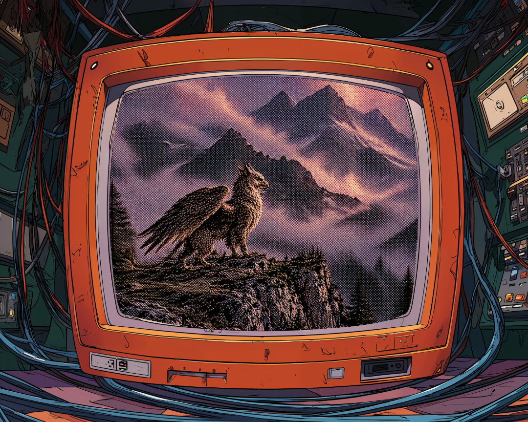 Téléviseur rétro orange entouré de câbles affichant un griffon sur une falaise rocheuse devant des montagnes brumeuses.
