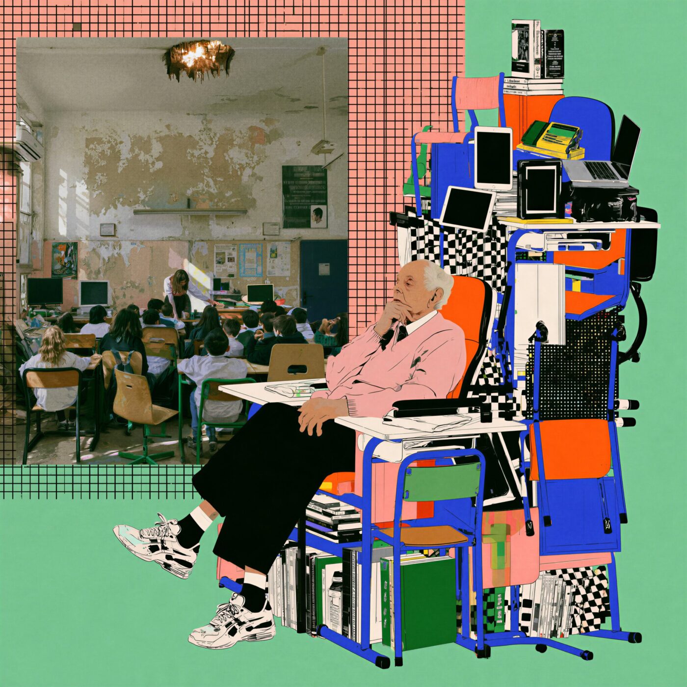 Collage artistique d'un homme âgé pensif assis sur un empilement de mobilier scolaire, à côté d'une photo de classe ancienne.