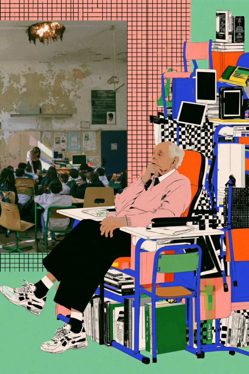 Collage artistique d'un homme âgé pensif assis sur un empilement de mobilier scolaire, à côté d'une photo de classe ancienne.