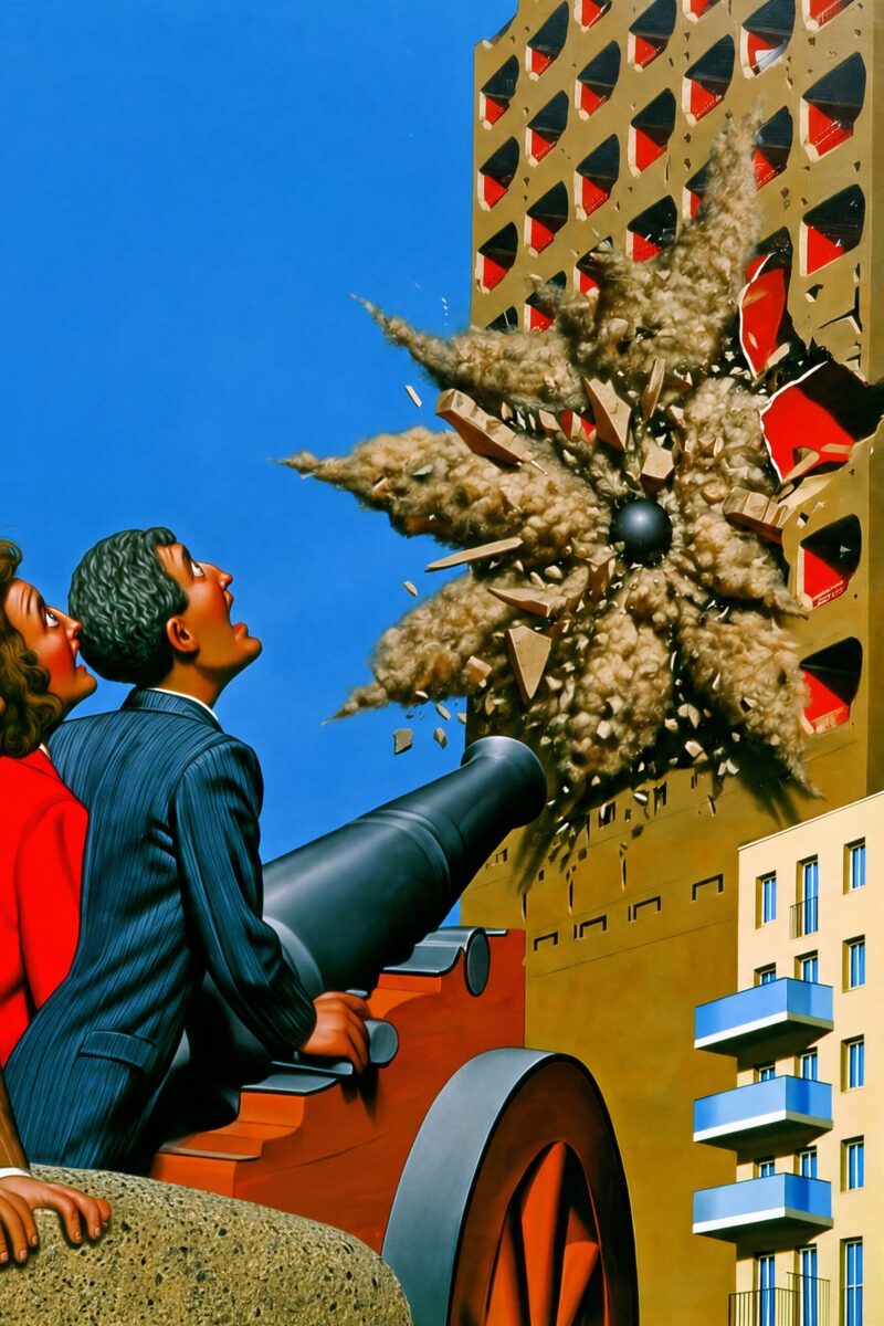 Des spectateurs stupéfaits, dont Céleste, observent un boulet de canon percuter la façade d'un grand immeuble en pleine explosion