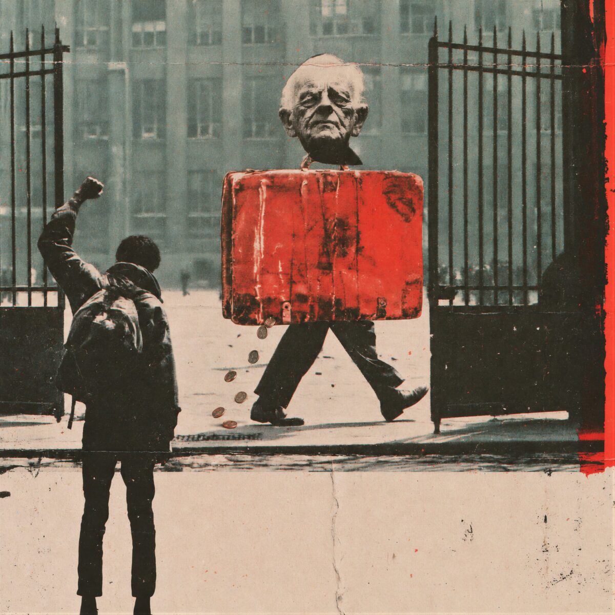 Collage surréaliste d'un jeune homme levant le poing face à un personnage au buste de valise rouge semant des pièces.