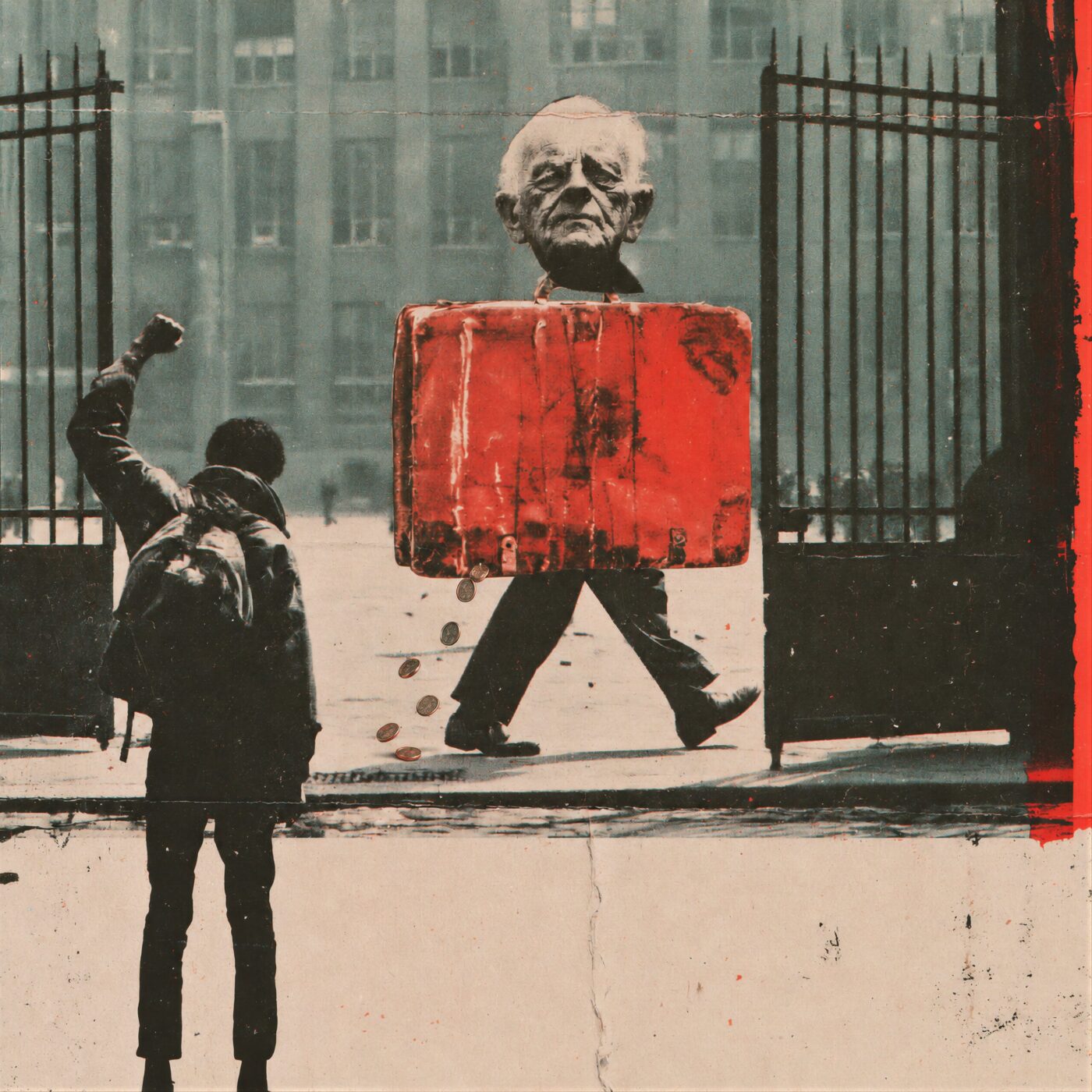 Collage surréaliste d'un jeune homme levant le poing face à un personnage au buste de valise rouge semant des pièces.