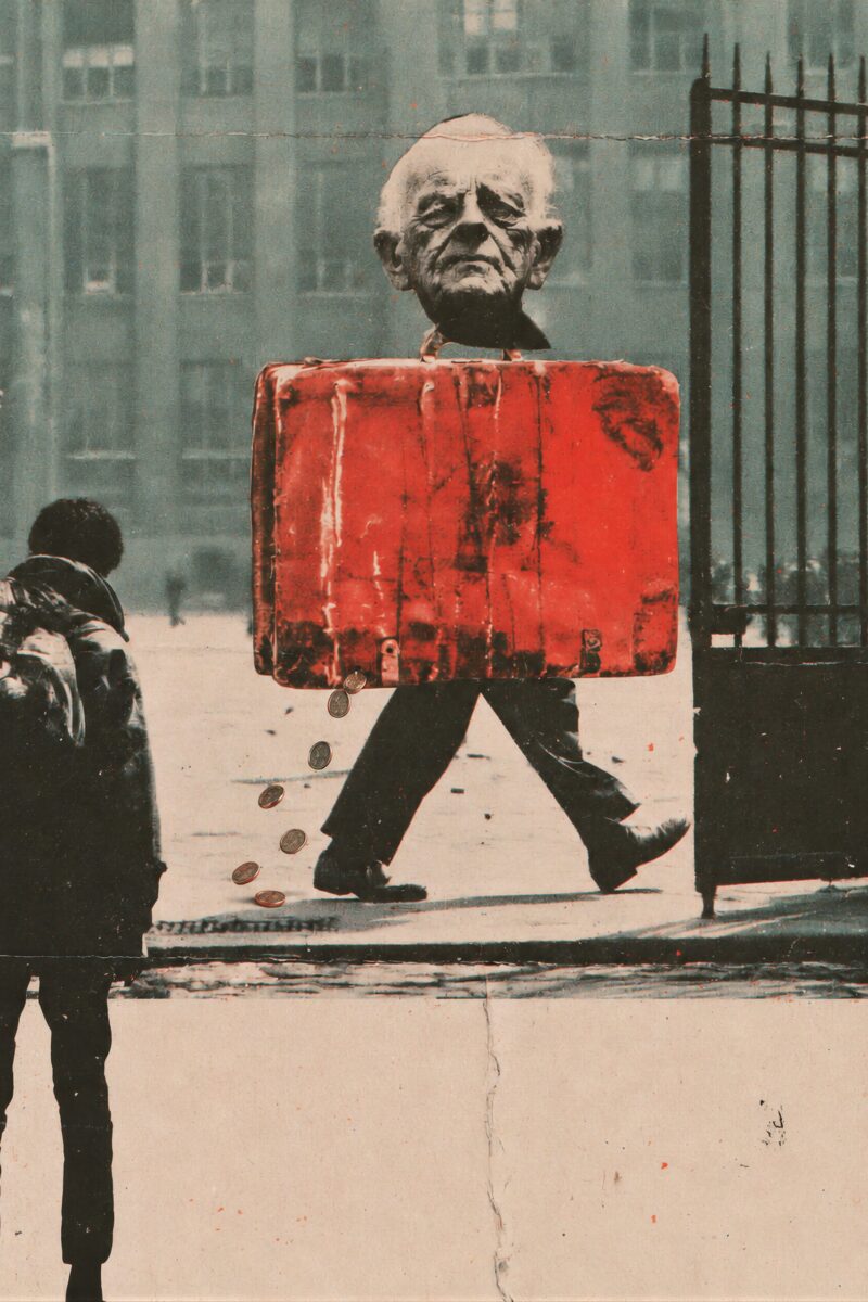 Collage surréaliste d'un jeune homme levant le poing face à un personnage au buste de valise rouge semant des pièces.